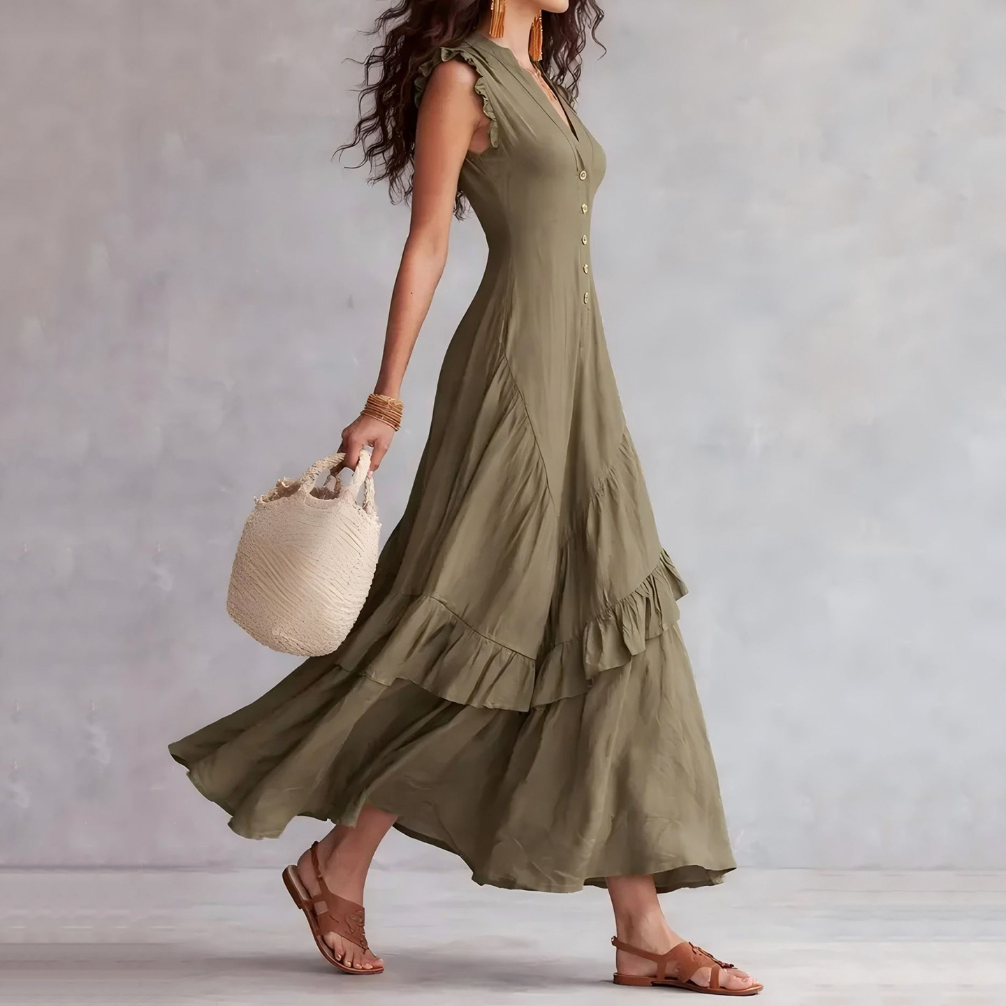 Elegant Minimalist Ruffled Sleeveless Linen Dress