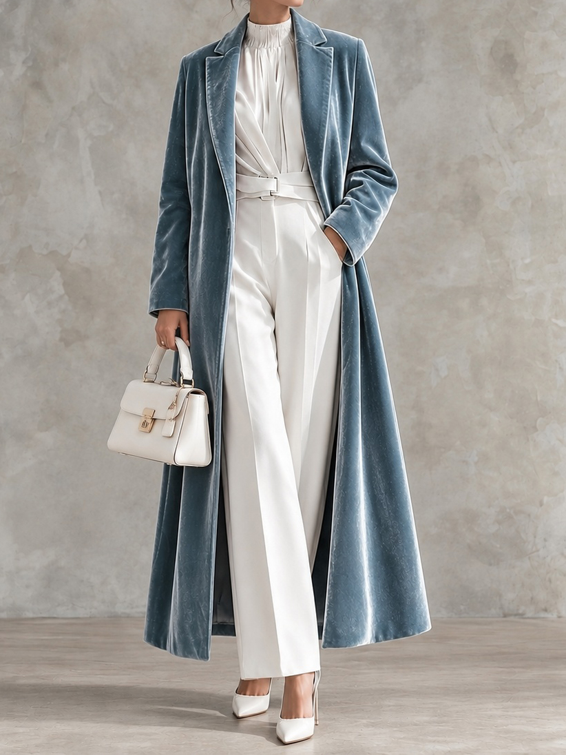 Elegant Long Velvet Coat With Lapels