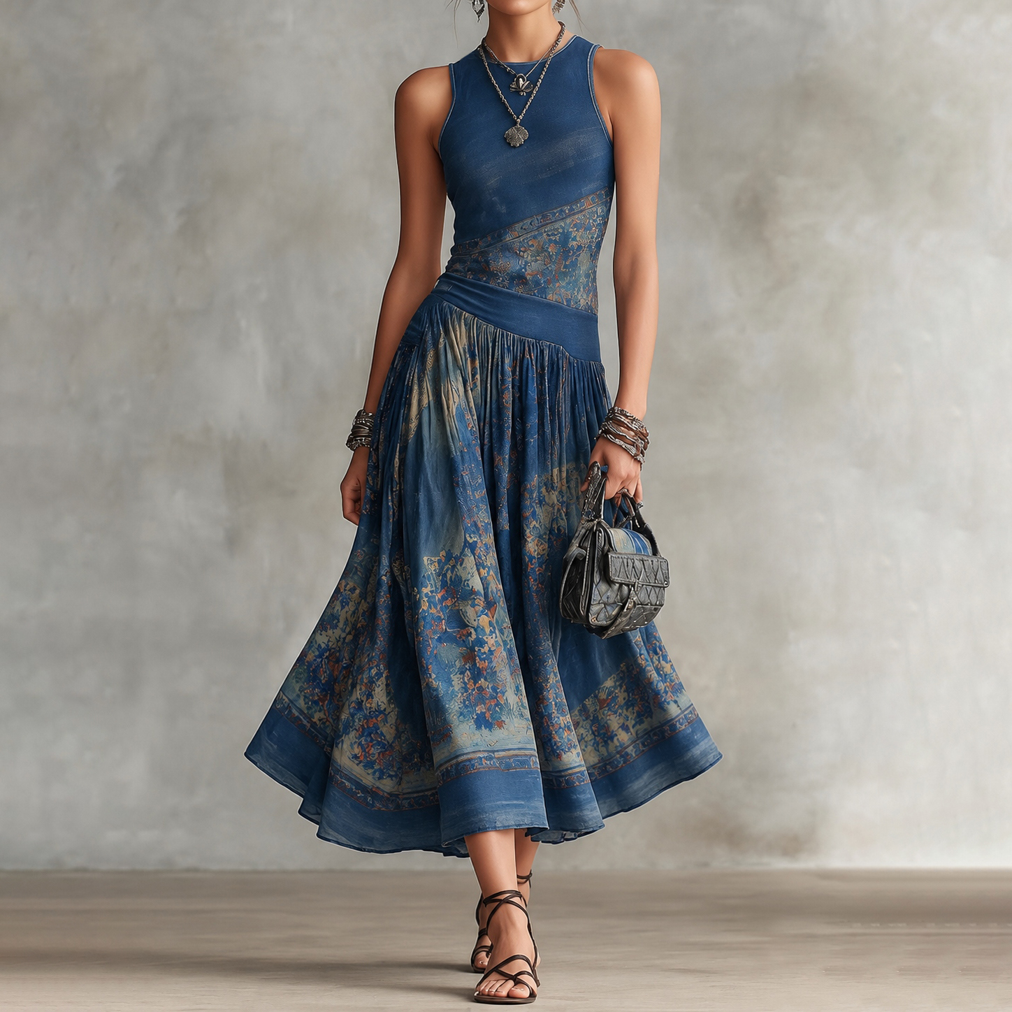 Elegant Retro Printed Sleeveless Tank Top Midi Dress
