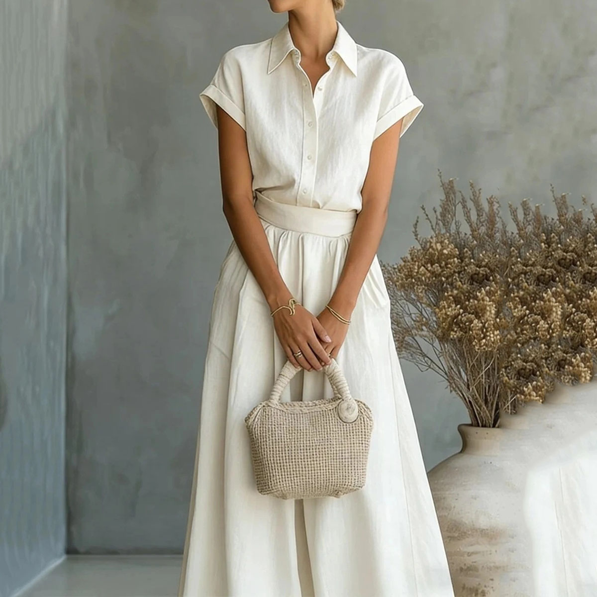 Fashion Casual Solid Color Shirt Wide-leg Pants Two-piece Set