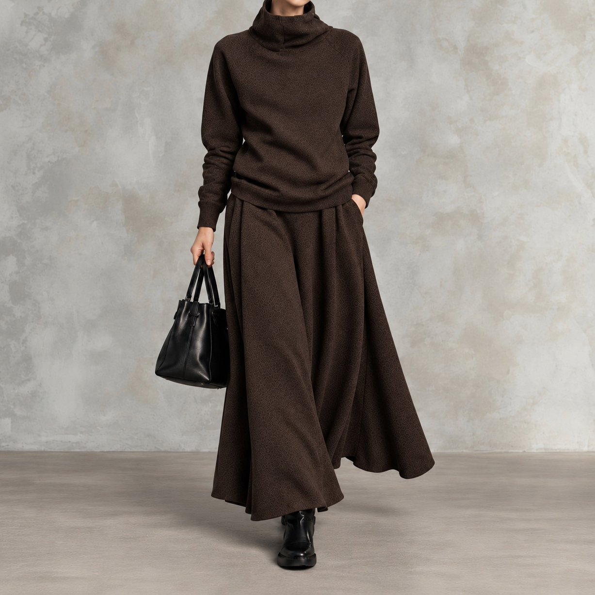 Elegance Solid-color High-neck Sweatshirt And Long Skirt Two-piece Set