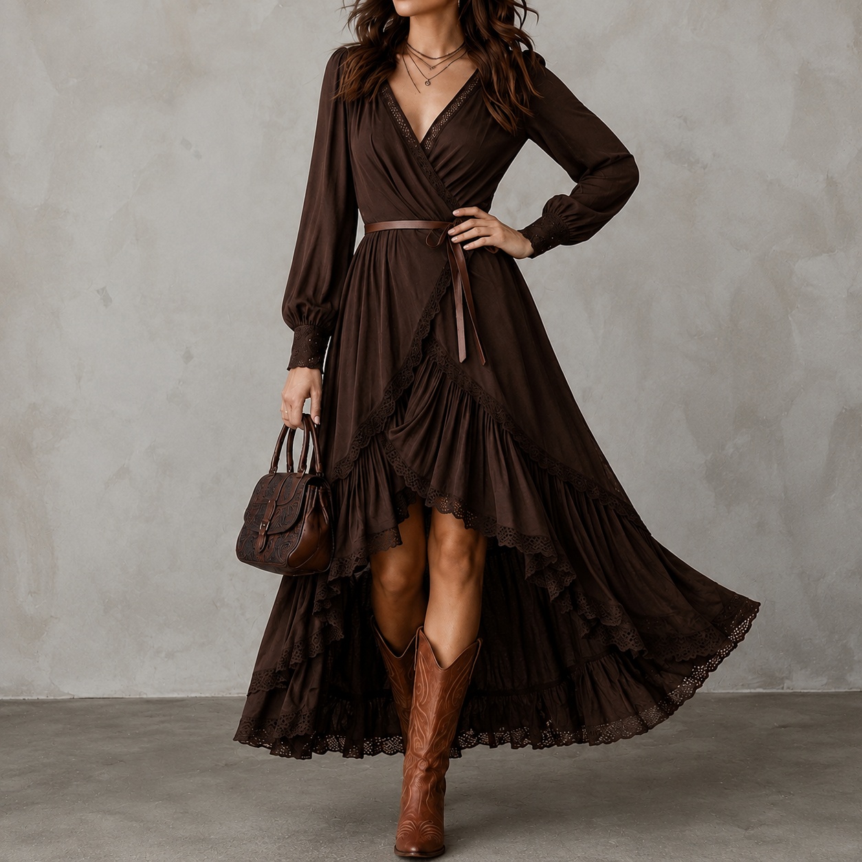 Retro V-neck Lace Trim Multi-layered Asymmetrical Hem Maxi Dress