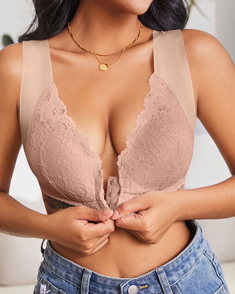 Women's Contrast Lace Hook & Eye Front Pushup Bra