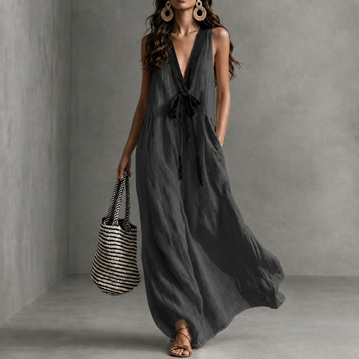 Elegant V-neck Halter Neck Sleeveless  Maxi Dress