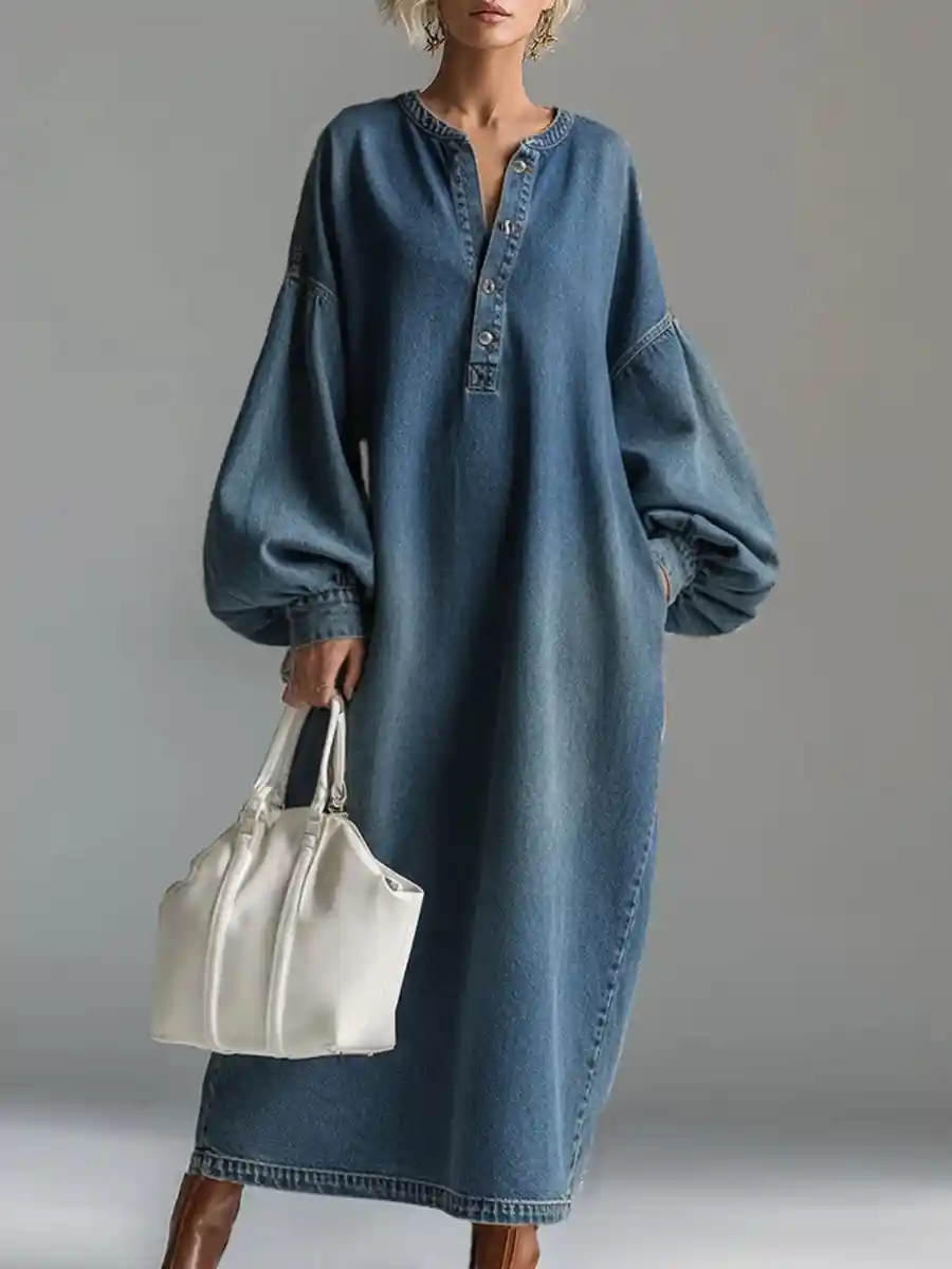 Retro Distressed Stand Collar Mid-length Denim Dress