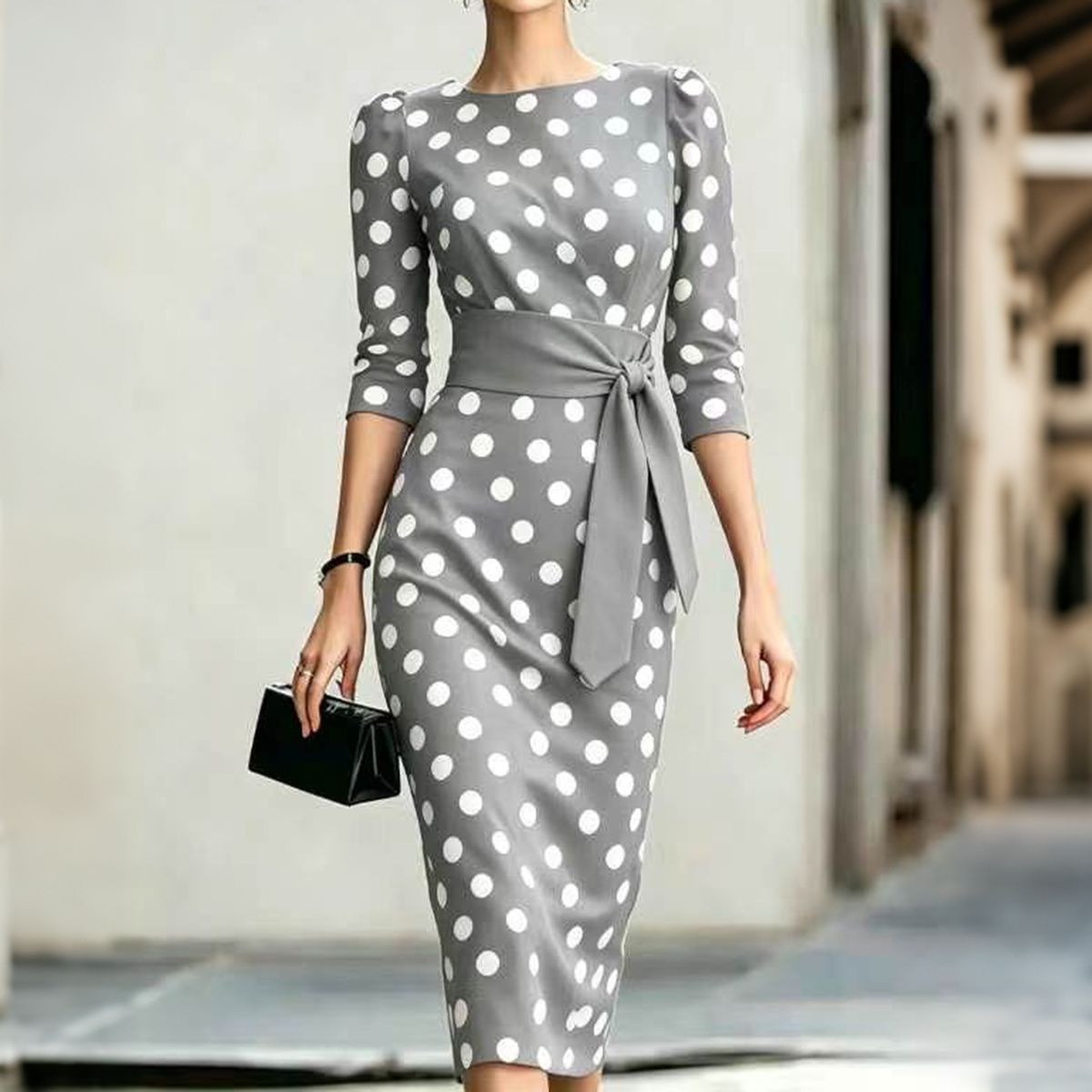 Retro Polka Dot Lace Up Waist Slim Fit Midi Dress