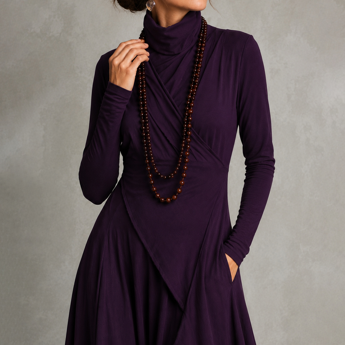 Retro Solid Color Long-sleeved Turtleneck Maxi Dress
