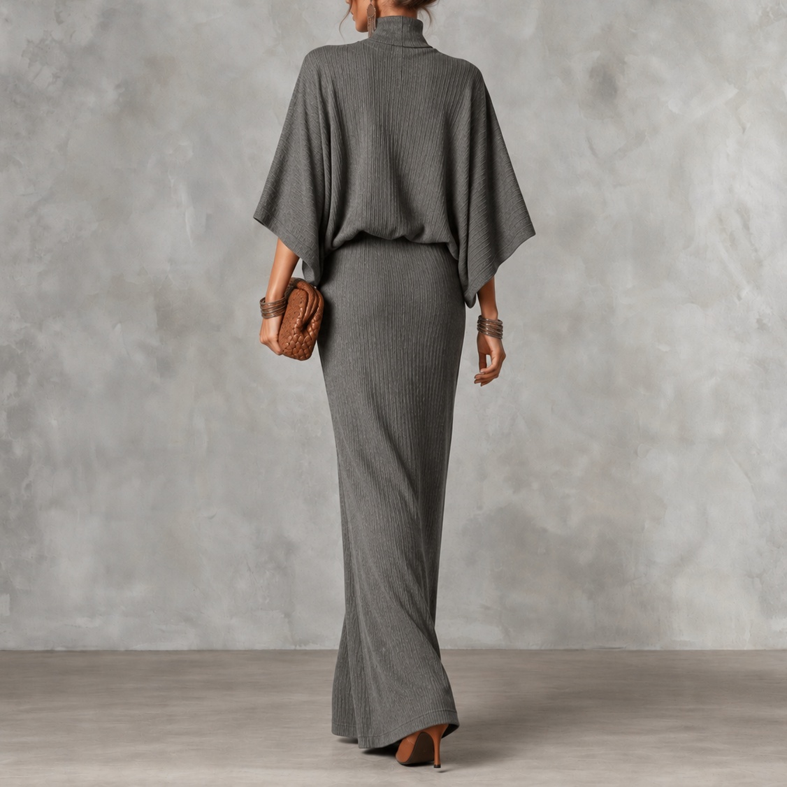 Elegant Solid Color Batwing Top Ang Skirt Two-piece Set