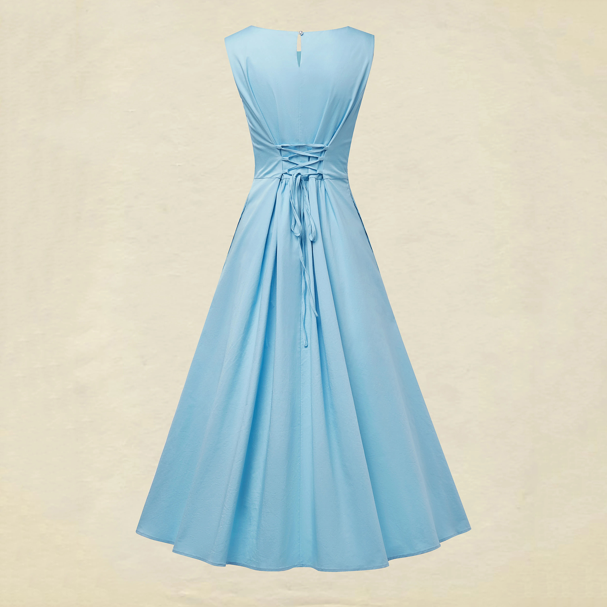 Vintage Sleeveless Round Neck Plain Ruffles Print Maxi Cotton Dress