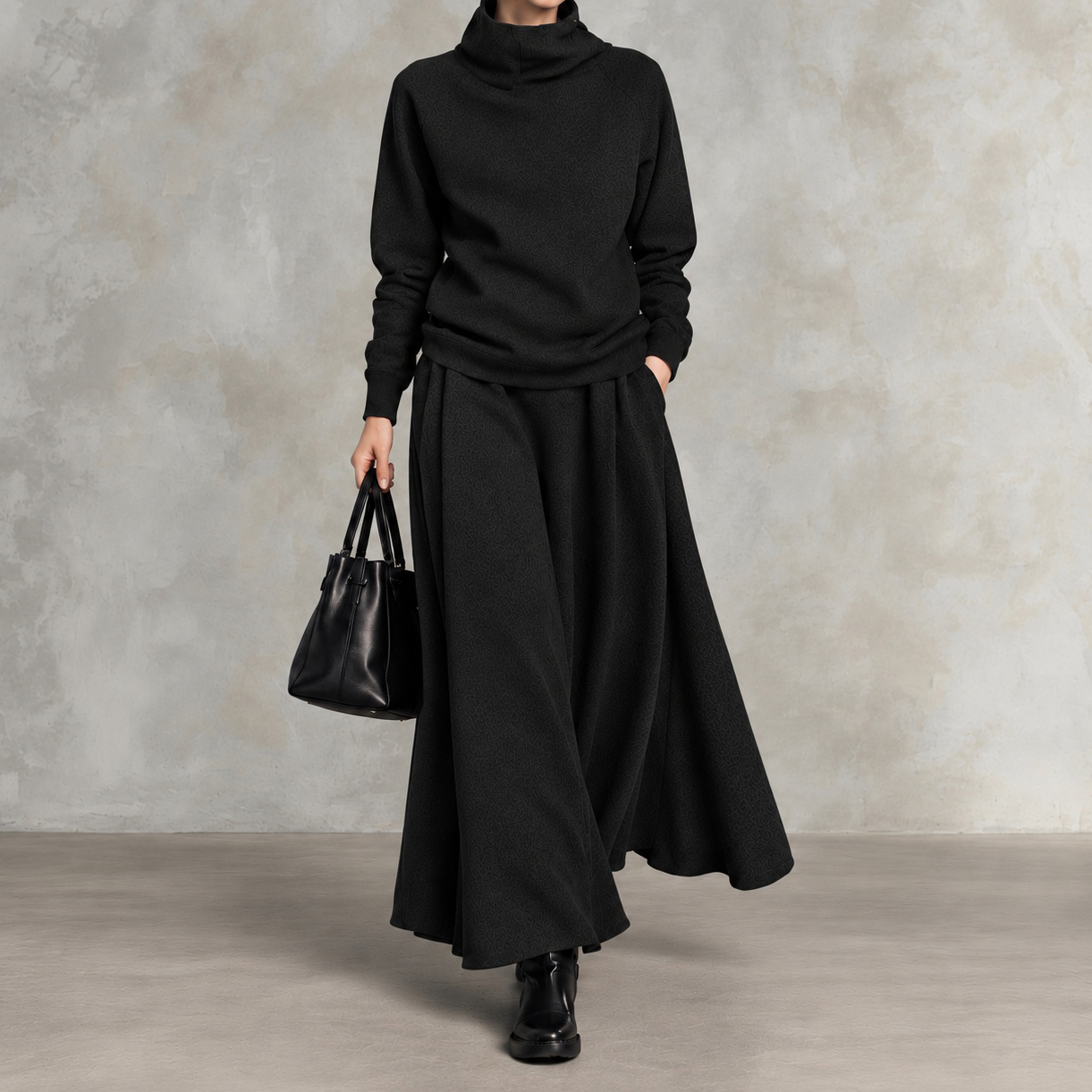 Elegance Solid-color High-neck Sweatshirt And Long Skirt Two-piece Set