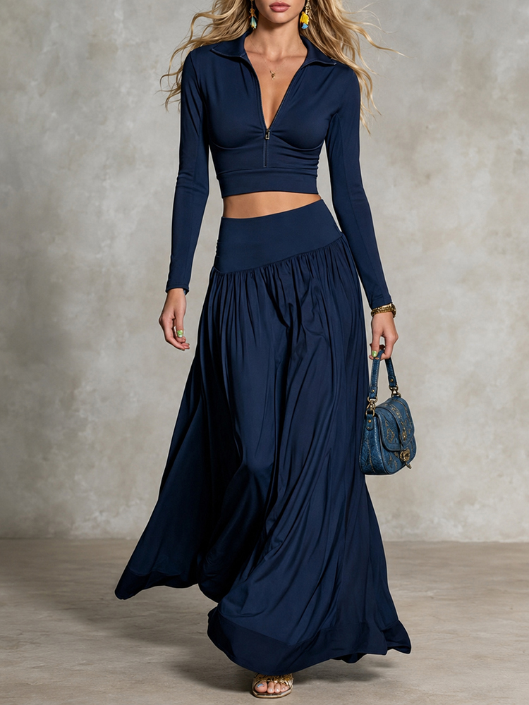 Retro  Solid Color Long-sleeved Top + Skirt Two-piece Set Maxi Dress