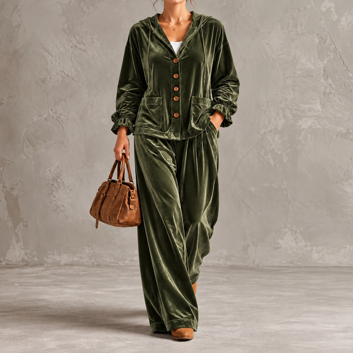 Elegance Velvet Hooded Cardigan And Wide-leg Pants Set