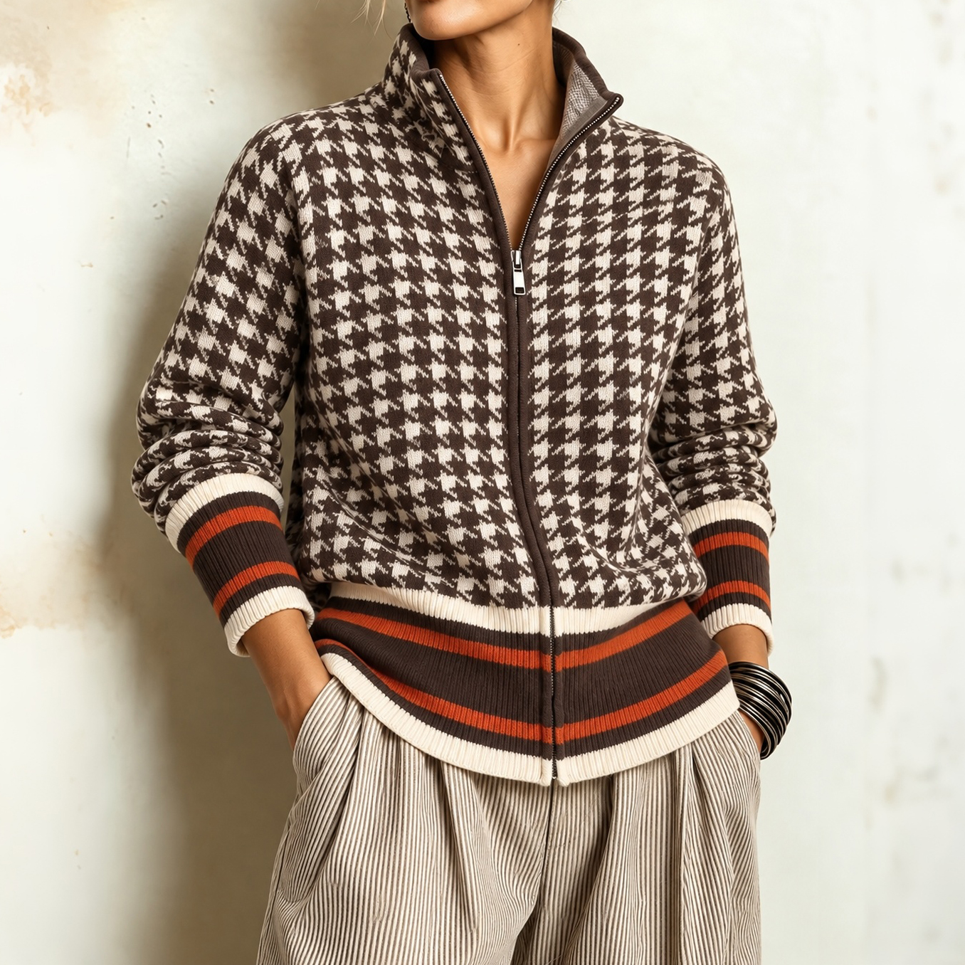Women's Fall Winter Cozy Houndstooth Stand-collar Zip-up Knit Cardigan