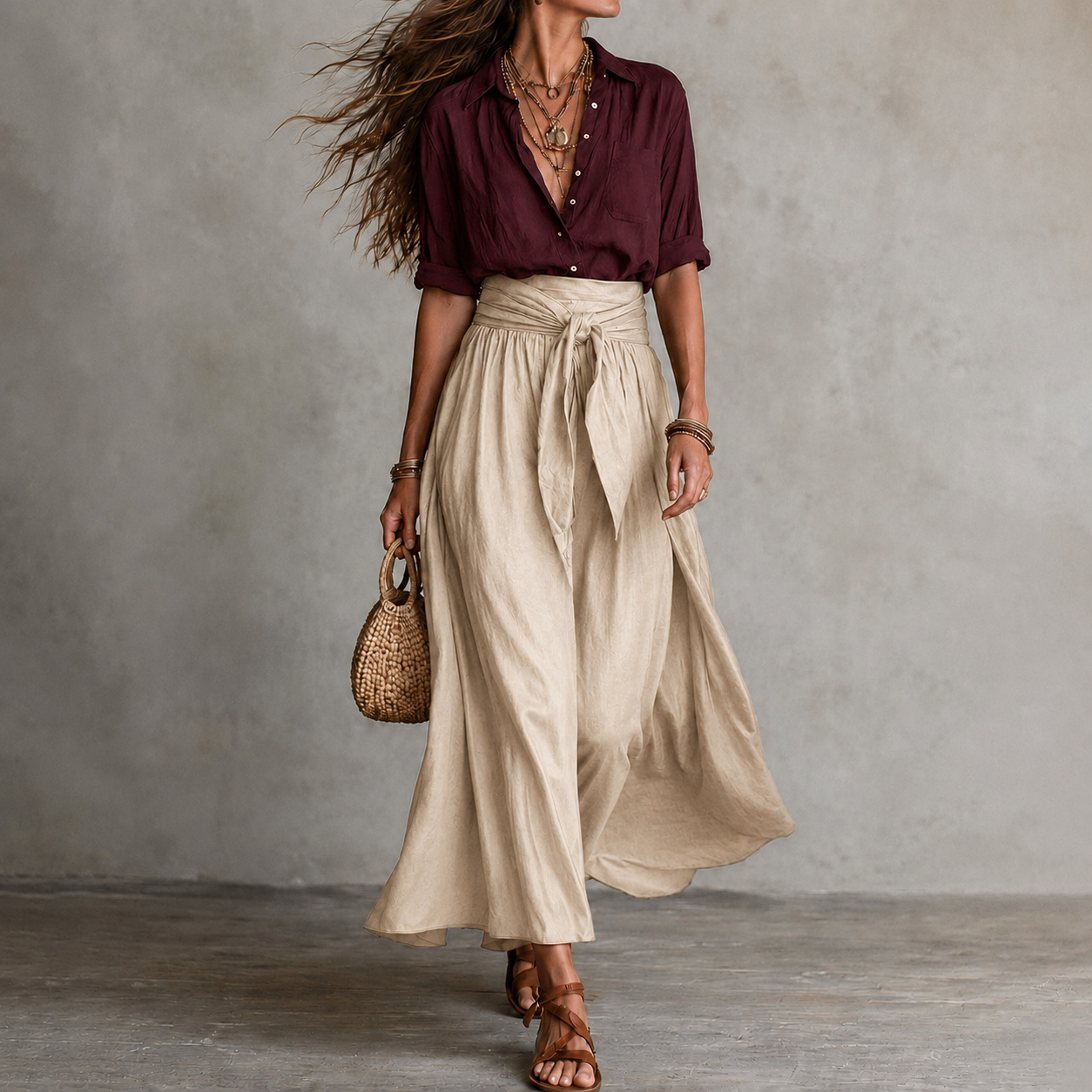 Retro  Two-piece Set Of Skirt And Shirt Maxi Dress
