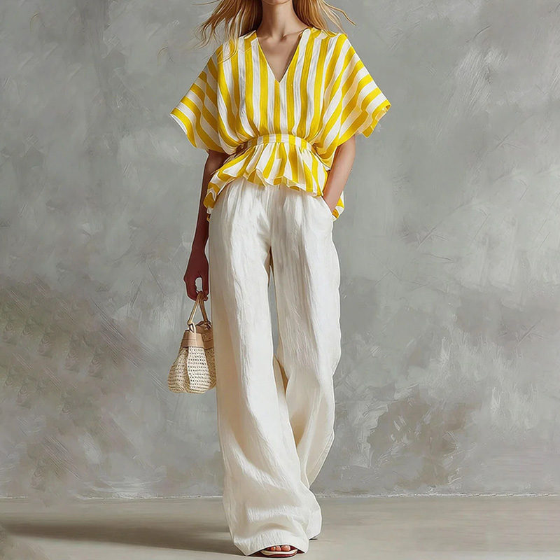Striped Linen Waist-cinching Top And White Wide-leg Pants Two-piece Set