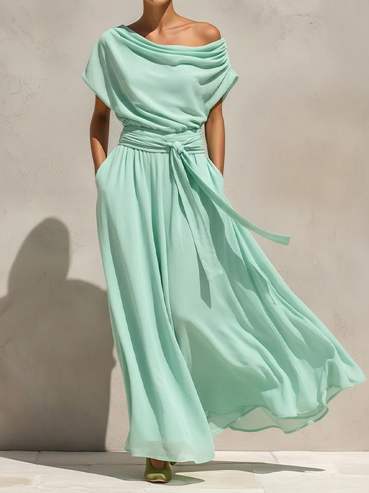 Short-sleeve Pleated Chiffon Waist-cinching Dress