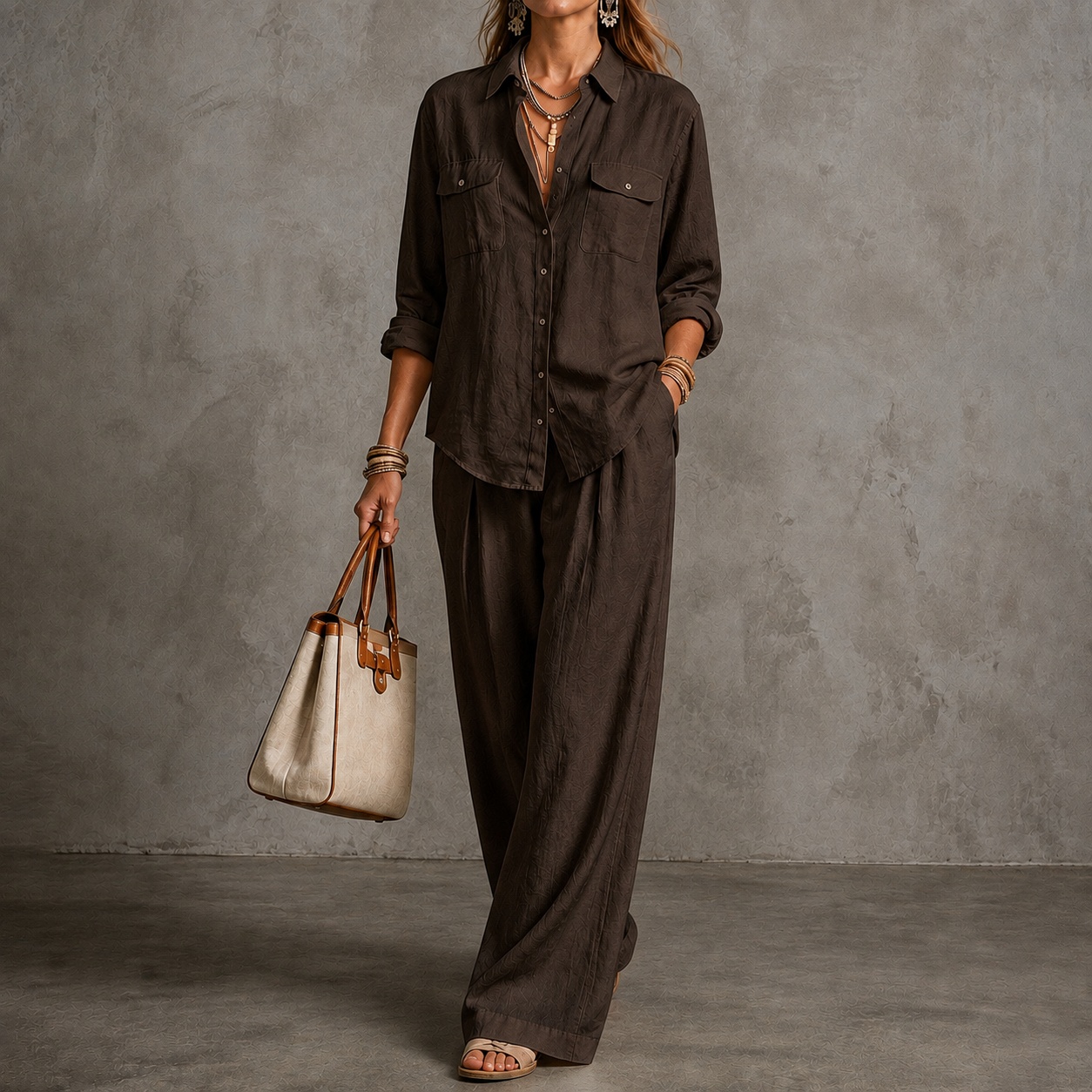 Elegance Long-sleeved Shirt + Wide-leg Pants Two-piece Set