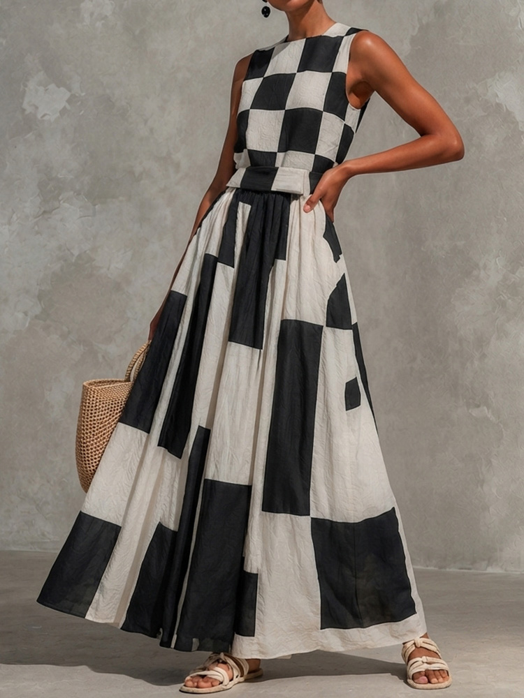 Vacation Checkered Sleeveless Patchwork Maxi Dress