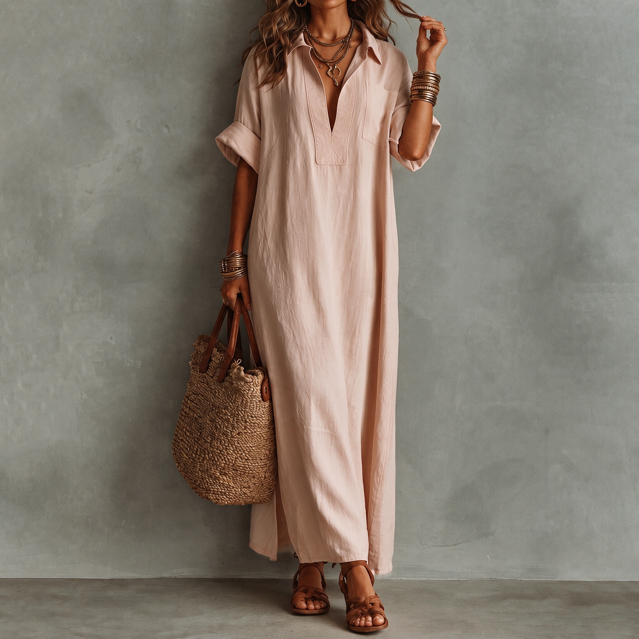 Retro Minimalist Style Loose Solid Color Short-sleeved Shirt Maxi Dress