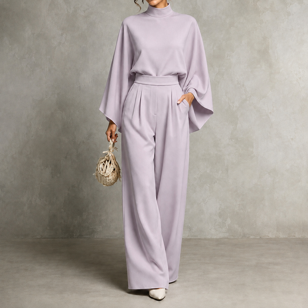 Elegance Solid Color Turtleneck Top + Loose Wide-leg Pants Two-piece Set