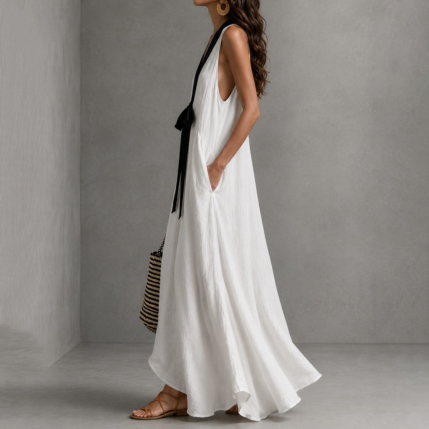Elegant V-neck Halter Neck Sleeveless  Maxi Dress