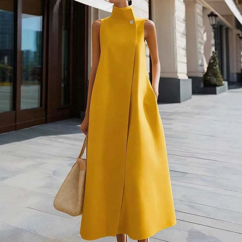 Elegant Stand Up Collar Sleeveless Midi Dress