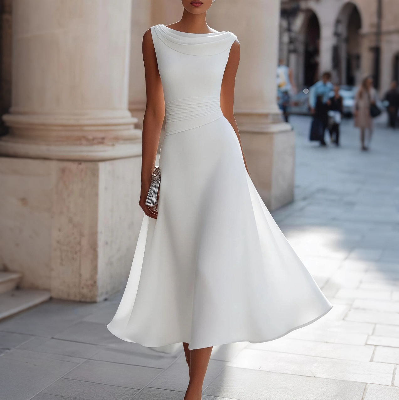 Elegant Stacked Neckline Waist Slimming Midi Dress