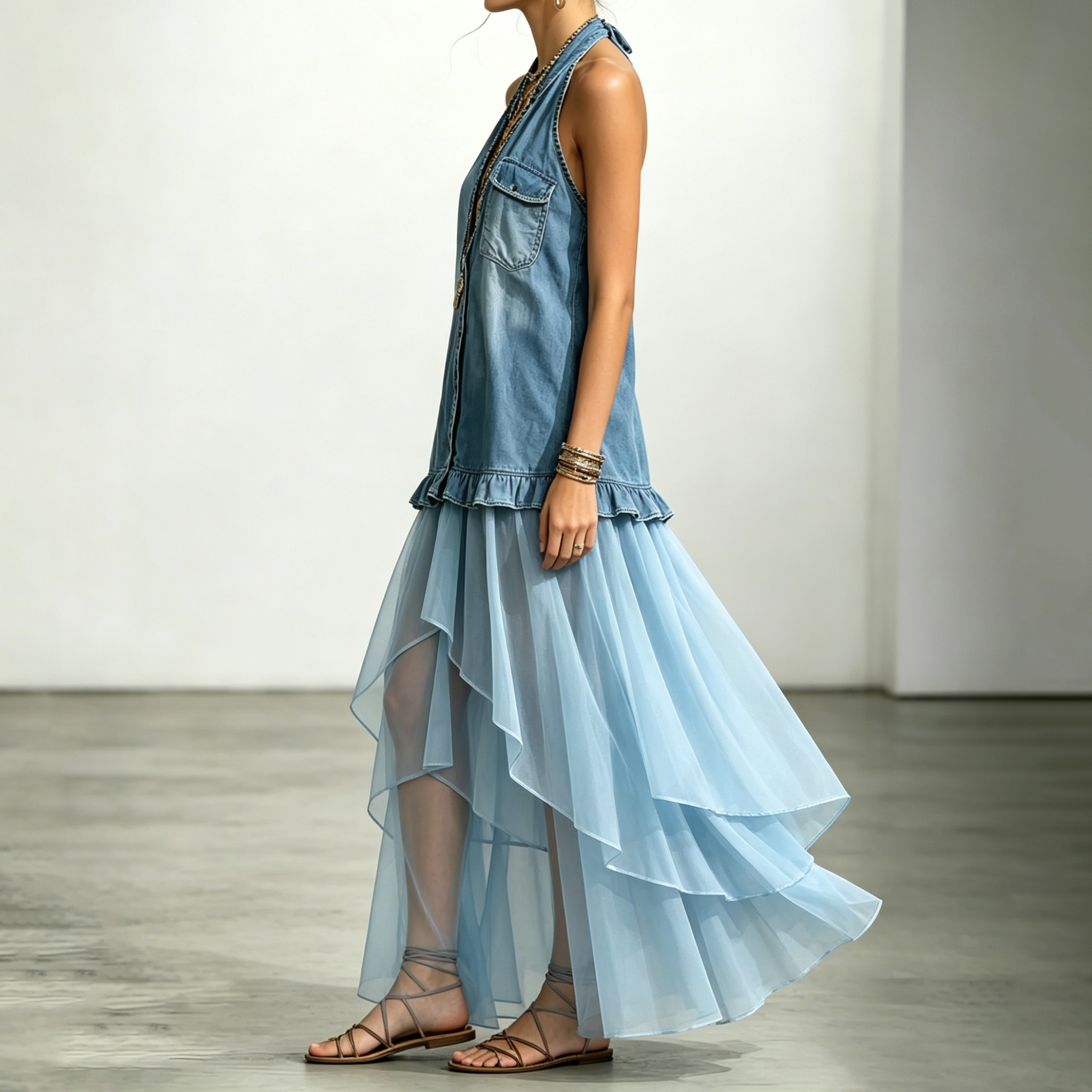 Retro Mesh Irregular Splicing Halter V-neck Maxi Dress