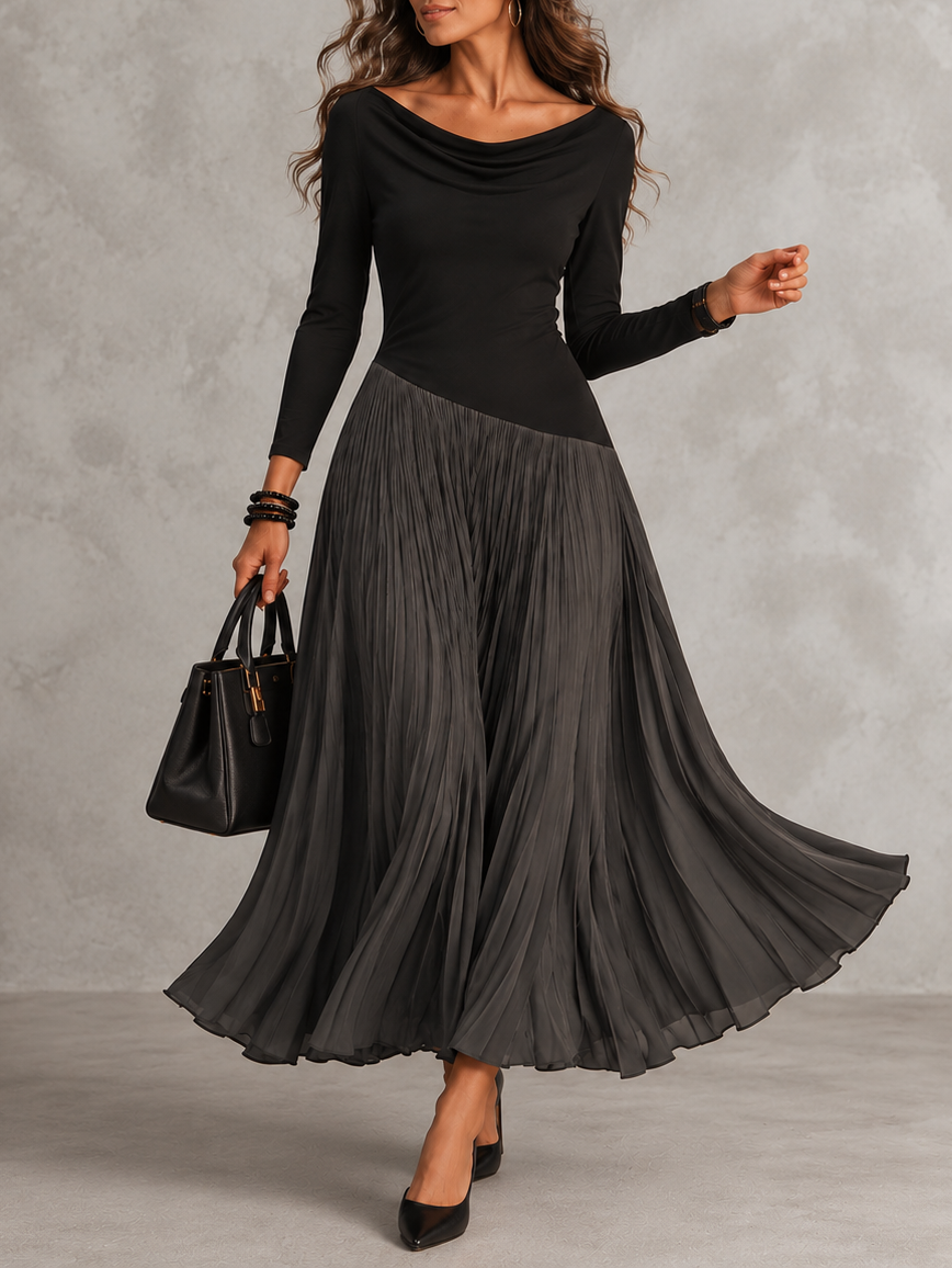 Elegant Long-sleeve Color-block Cowl-neck Maxi Dress
