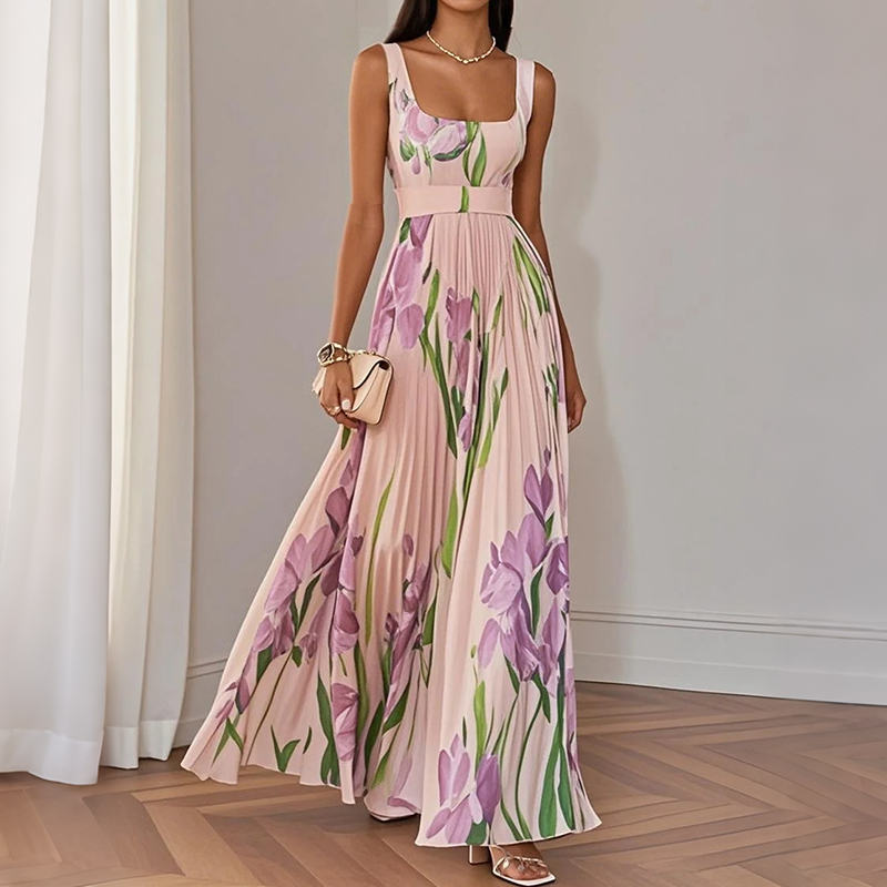 Elegant Floral Pattern Sleeveless Pleated Dress
