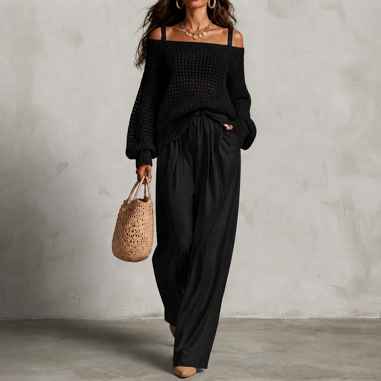 Elegance Two-piece Set: Openwork Knit Top And Wide-leg Pants