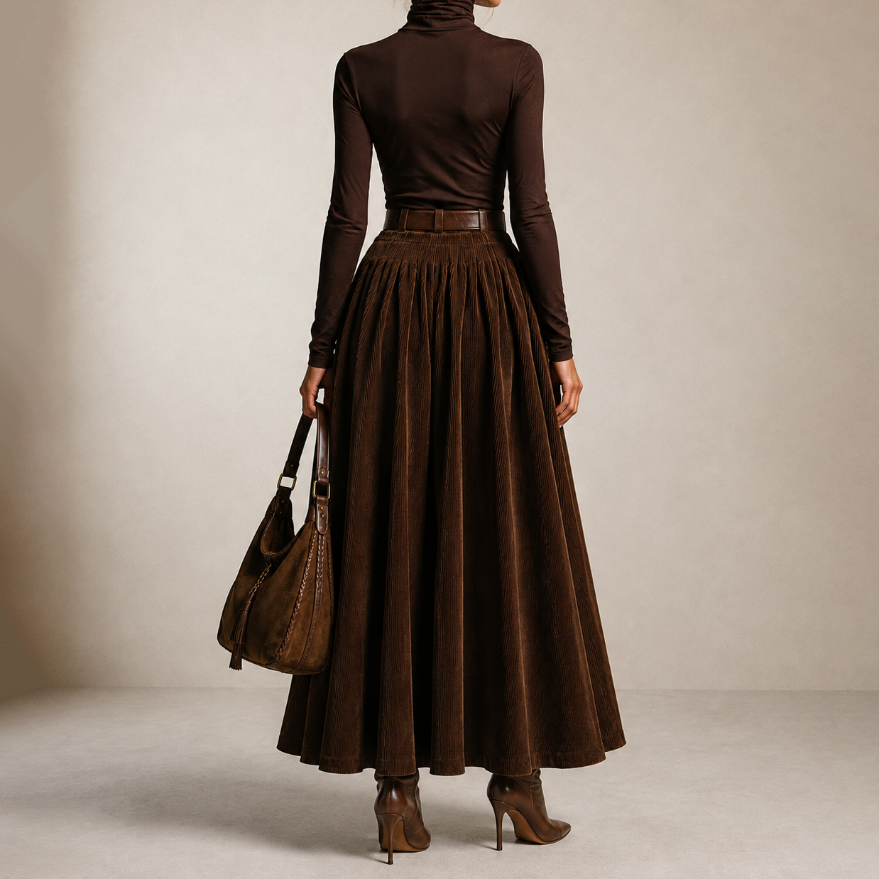Base Layer Top And Corduroy High-waisted Midi Skirt Two-piece Set
