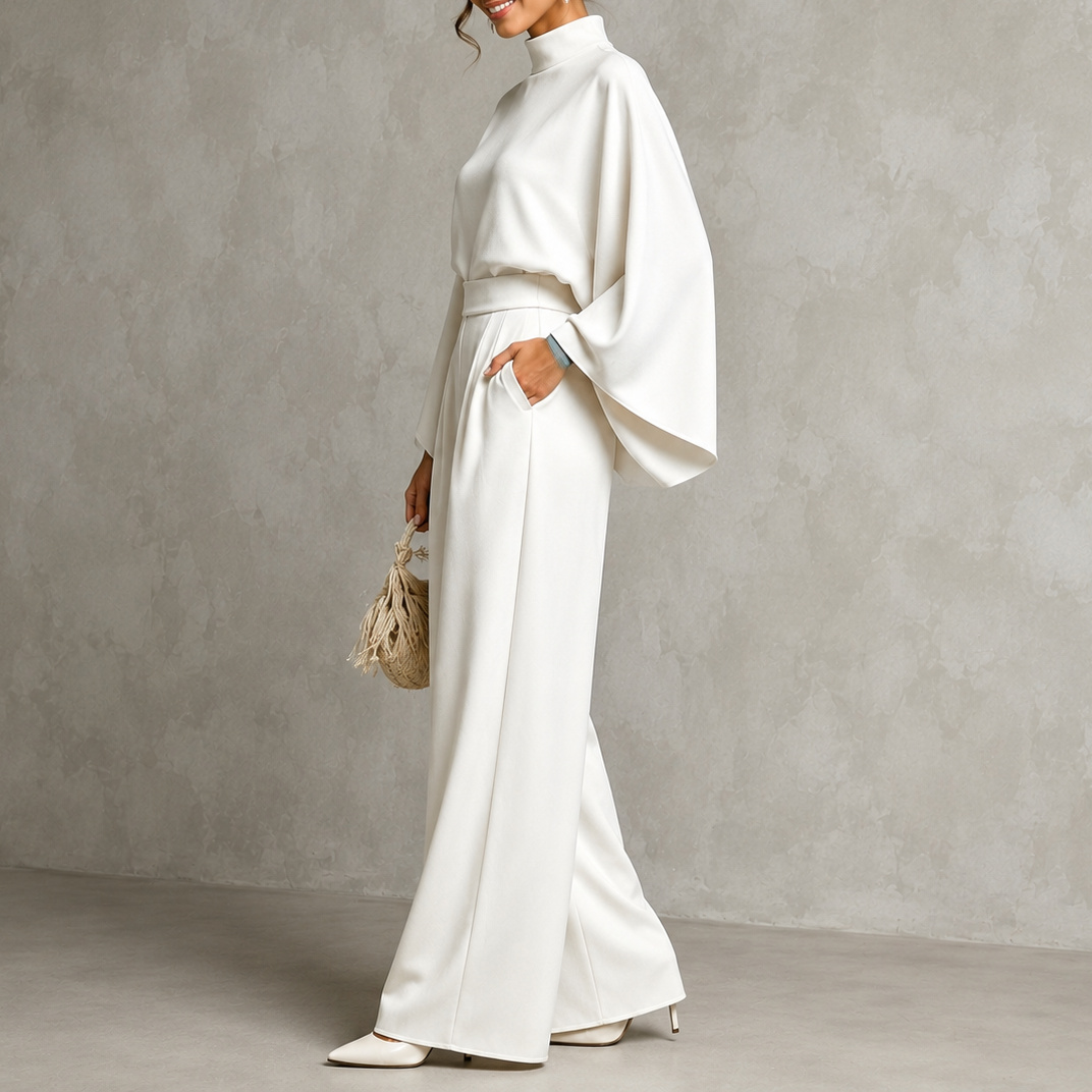 Elegance Solid Color Turtleneck Top + Loose Wide-leg Pants Two-piece Set