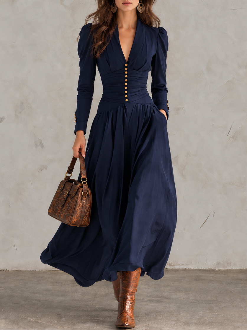 Retro Long-sleeved V-neck Top With Puff Sleeves And A Fitted Waist Maxi Dress