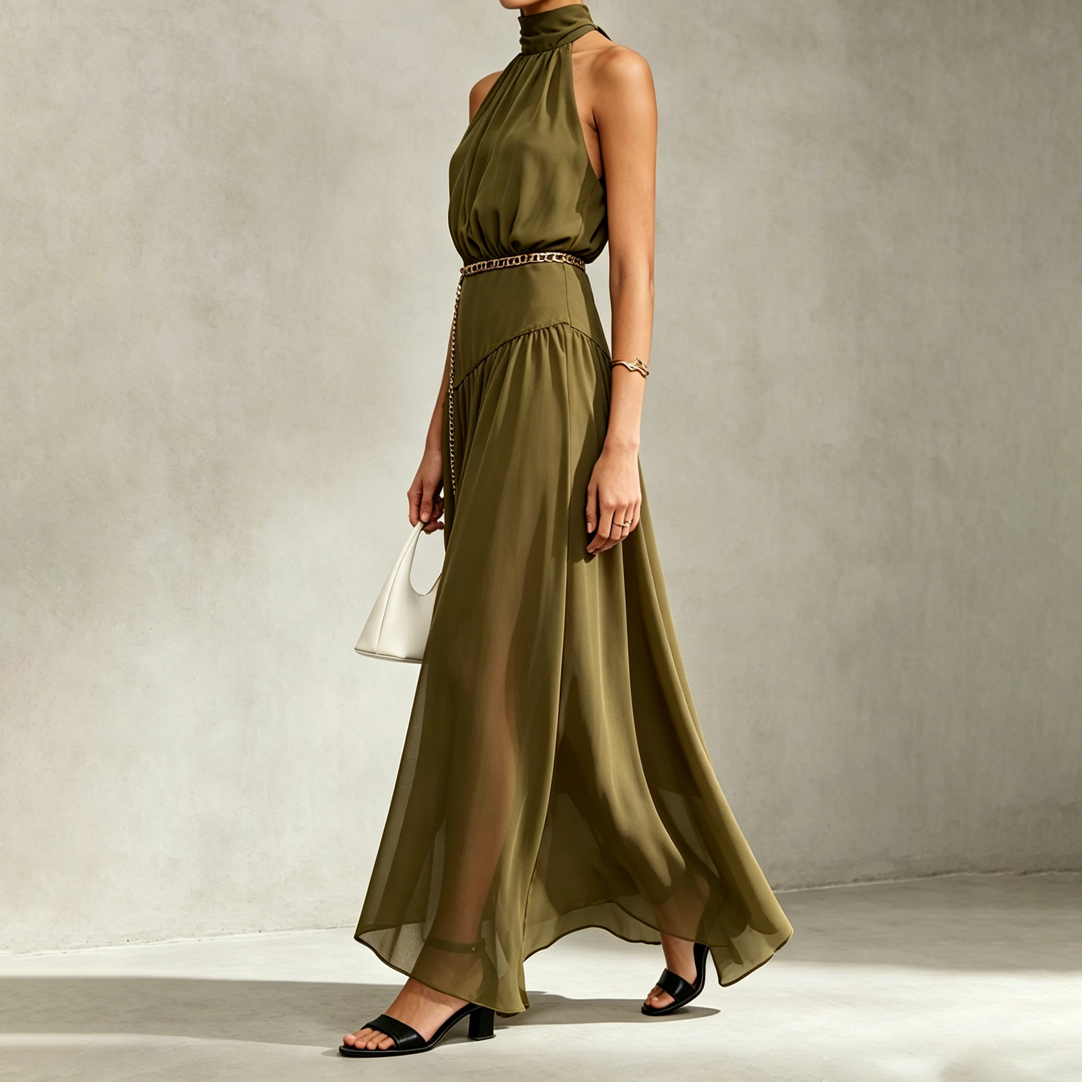 Elegant Halter Neck Backless Ribbon Maxi Dress