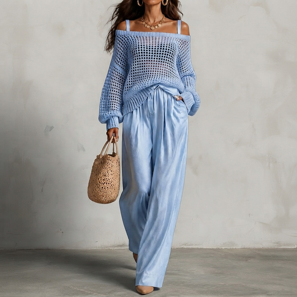 Elegance Two-piece Set: Openwork Knit Top And Wide-leg Pants