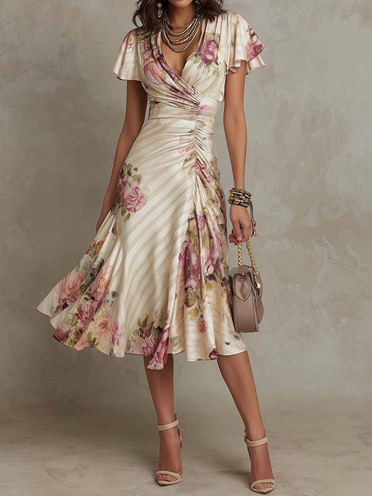 French Print Pleated Floral Elegant Dress