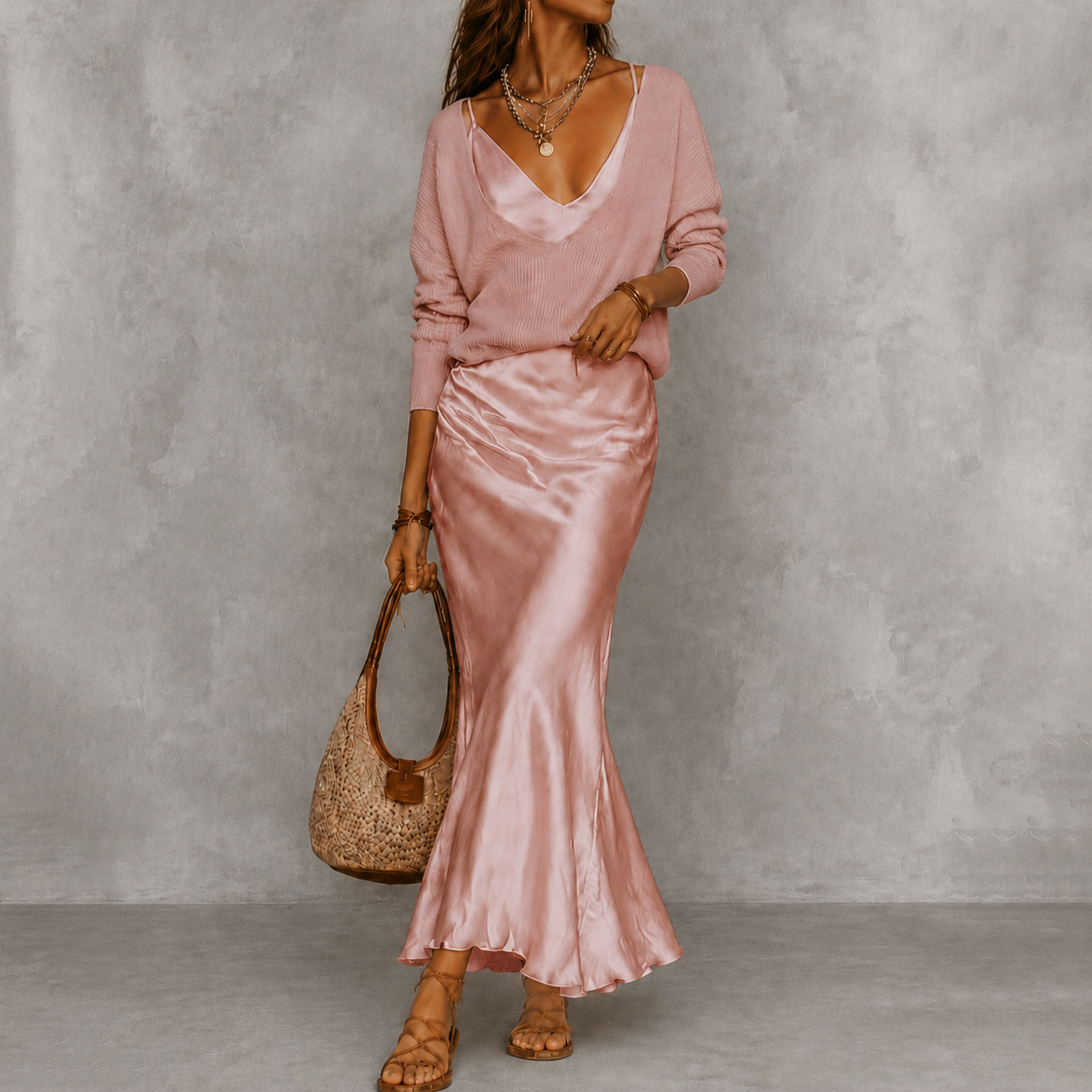 V-Neck Knit Sweater Satin Maxi Skirt Two-piece Set