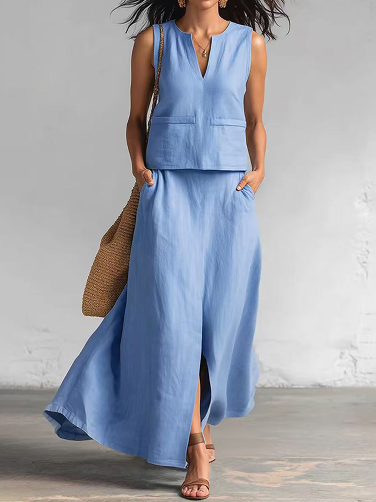 Casual Cotton And Linen V-neck Tank Top And Diagonal Pocket Skirt Two-piece Set
