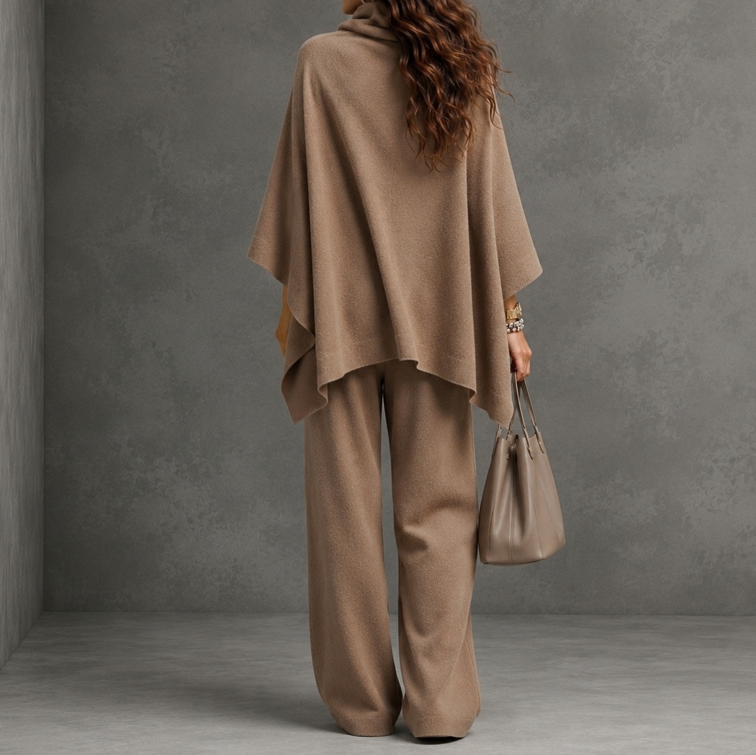 Retro Turtleneck Cape Cloak Top And Wide-leg Pants Two-piece Set