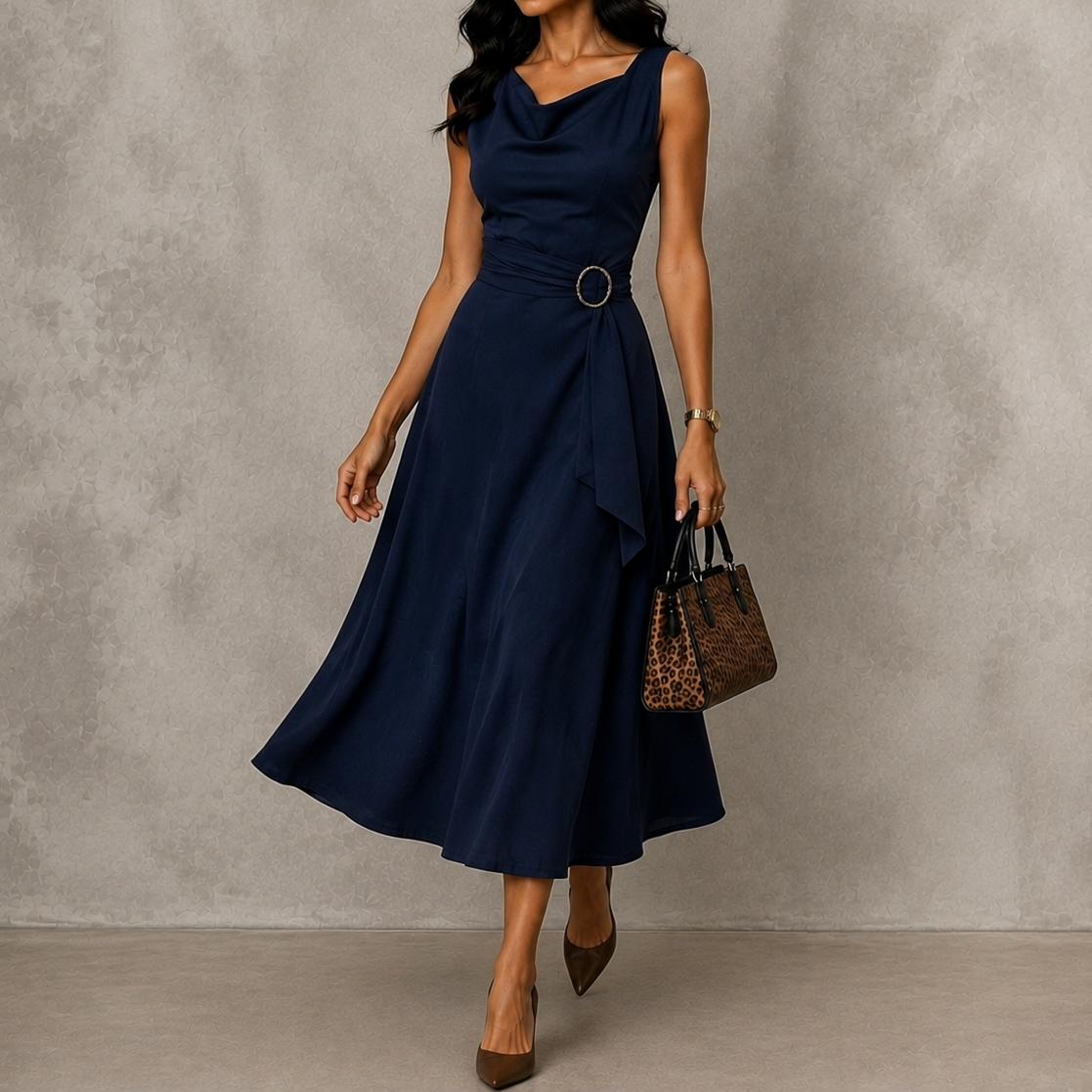 Elegant Asymmetrical V-neck Sleeveless Tie-waist Maxi Dress