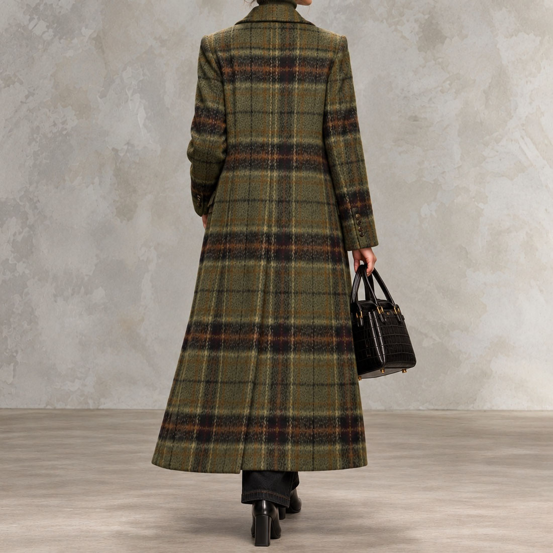 Elegant Long Plaid Wool Coat