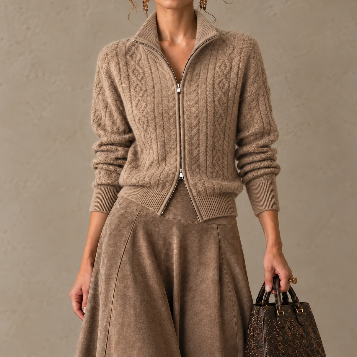 Elegance Long-sleeve Cashmere Knit Cardigan With Two-way Zipper