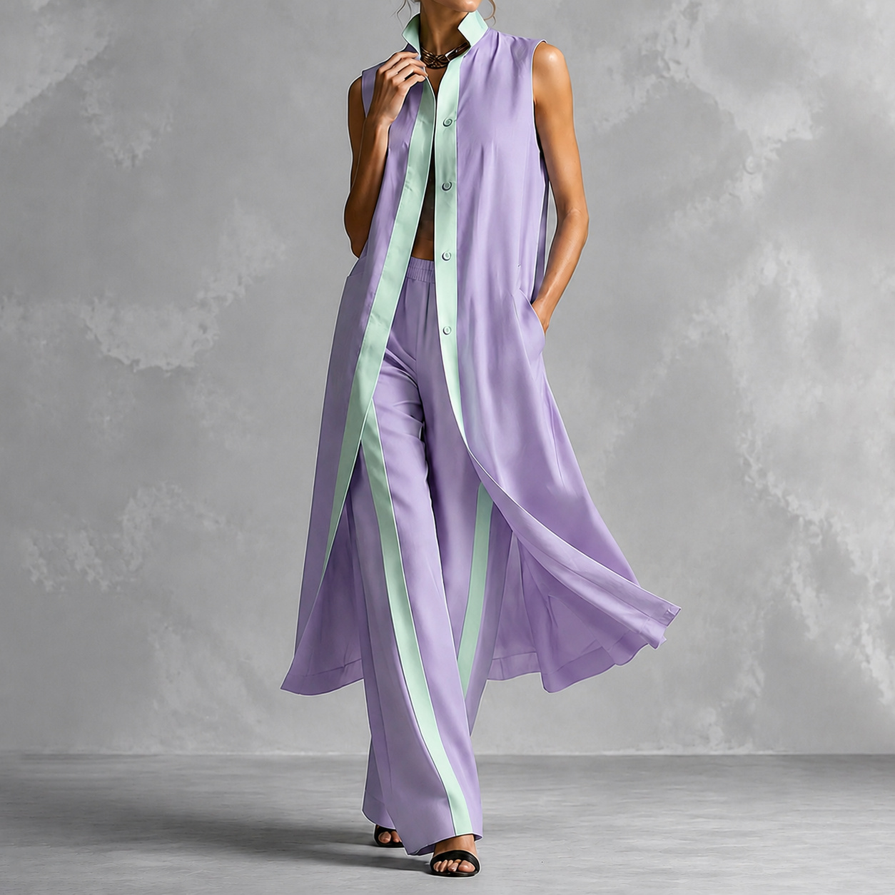 Elegant Two-piece Set Color-blocked Loose Cardigan + Trousers