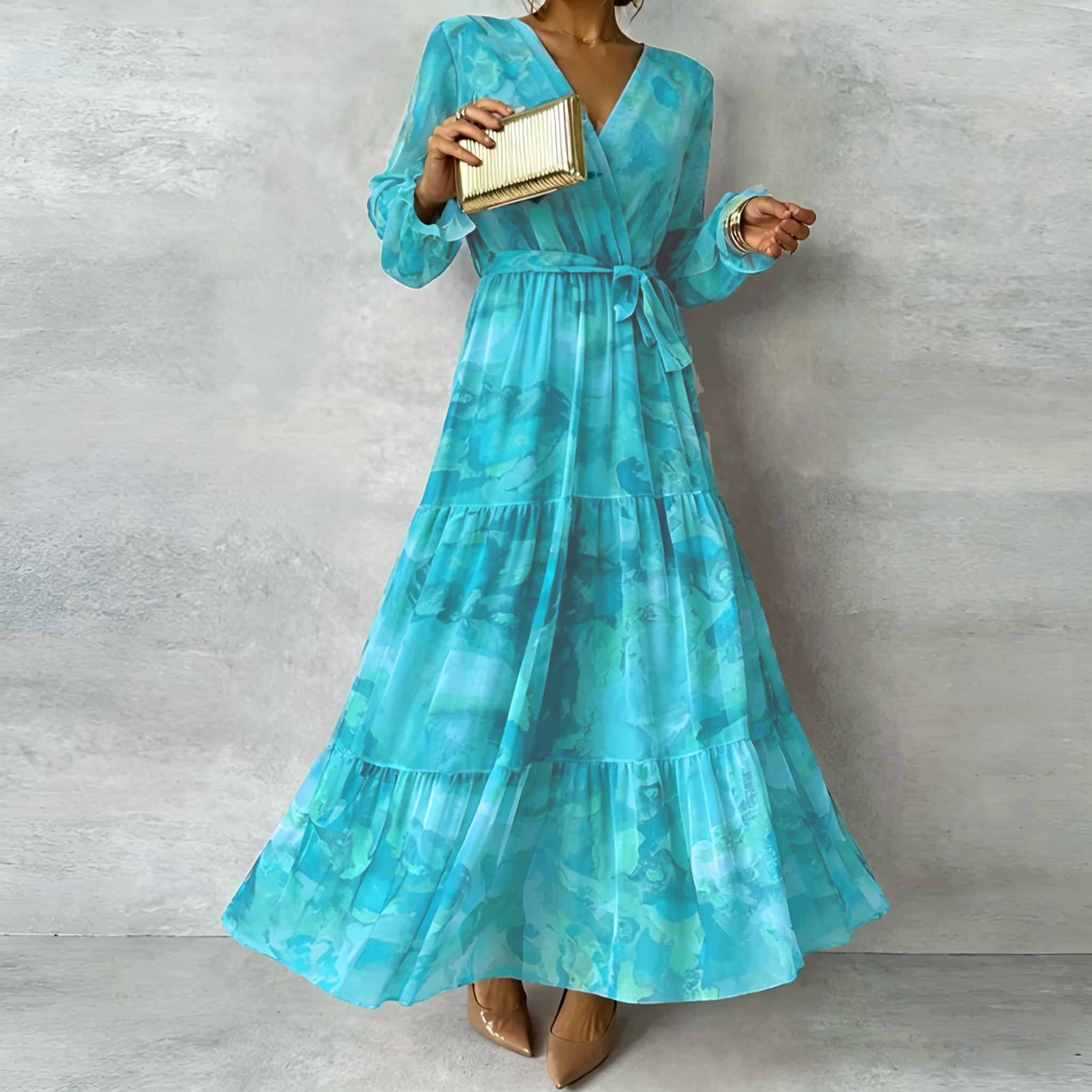 Women's Elegant Floral Print Lace-up Paneled Full-length Dress