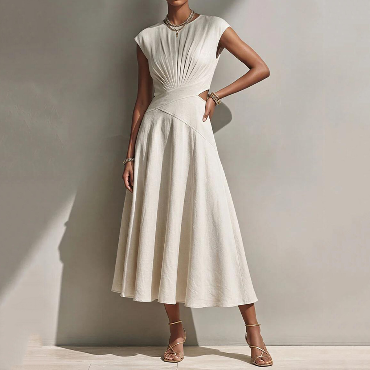 Elegant Solid Color Round Neck Midi Dress