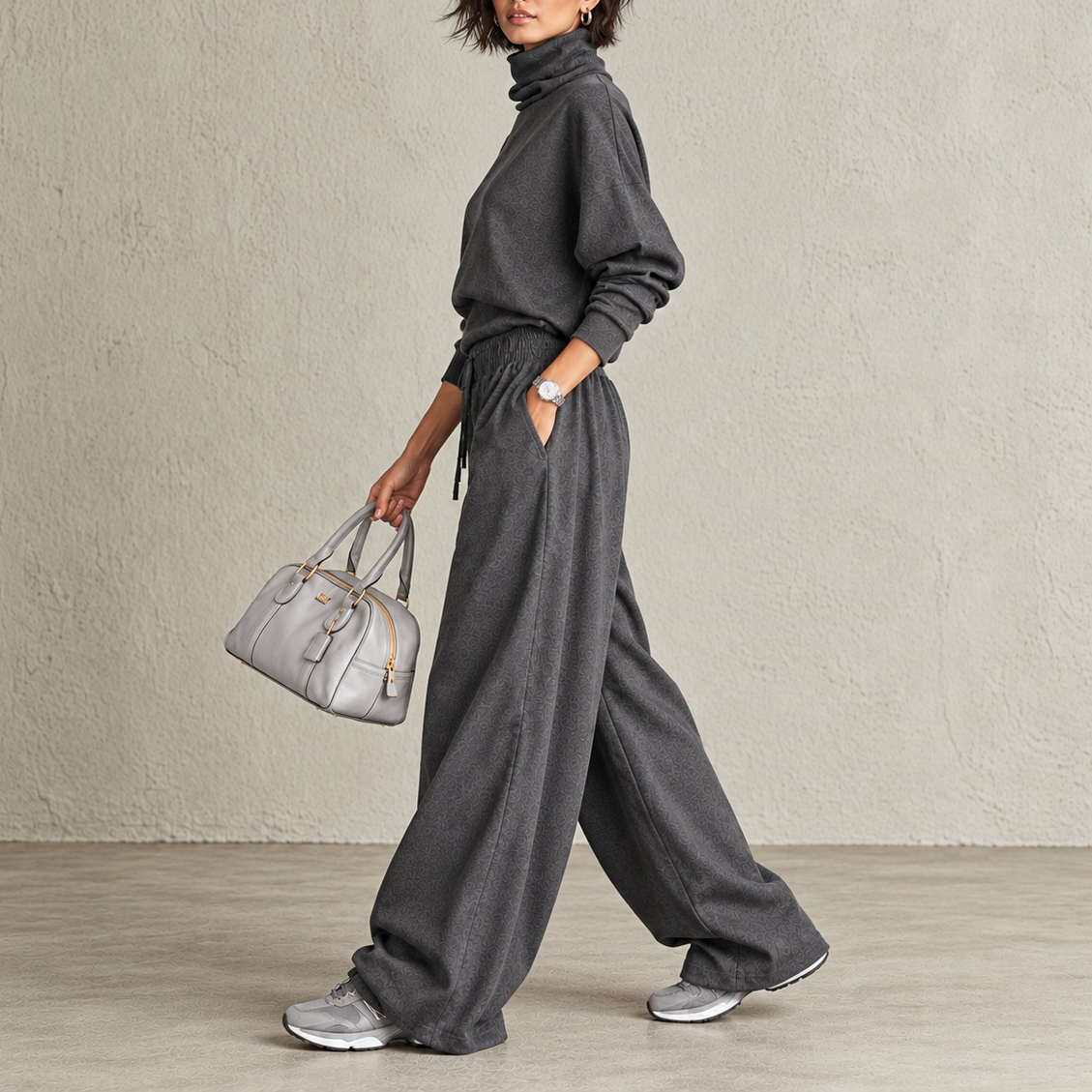 Elegance Mock-neck Sweatshirt And Loose Straight-leg Trousers Set