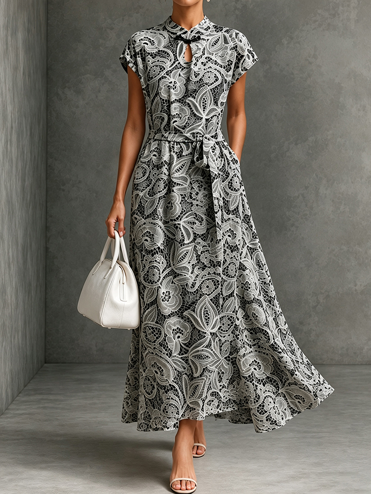 Stand Collar Disc Button Satin Dress