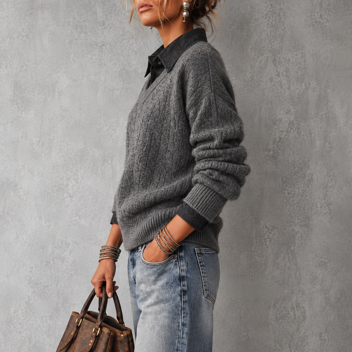 Elegance Solid-color Cashmere V-neck Pullover