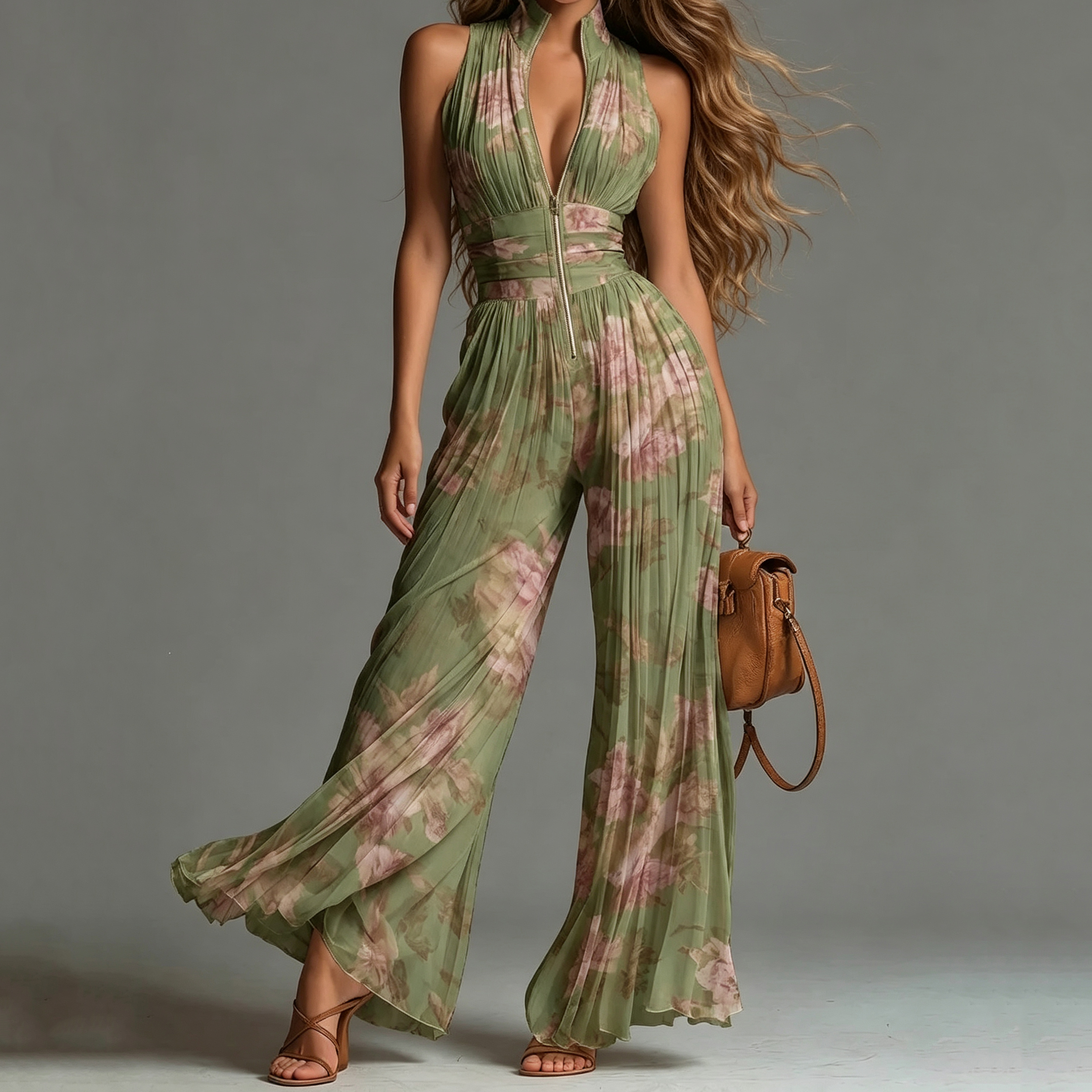 Elegant Solid Printed Mesh Front Zipper Jumpsuit